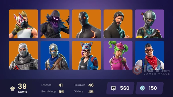 39 skins/full access/the reaper/blue squire/take the l/royale knight/paragon banner/deluxe stw/snowflake