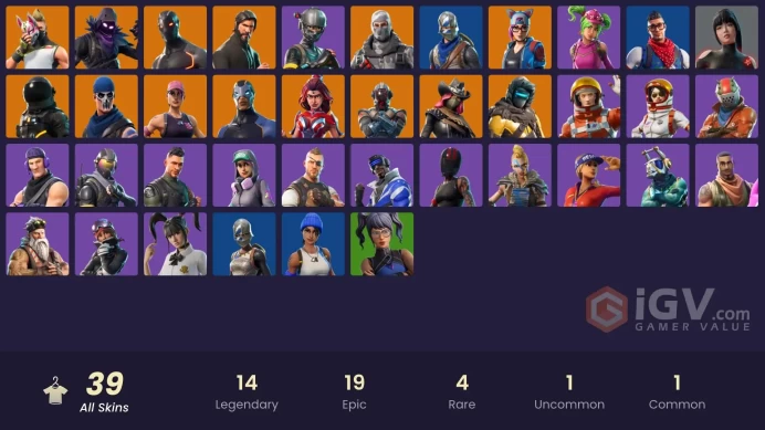 39 skins/full access/the reaper/blue squire/take the l/royale knight/paragon banner/deluxe stw/snowflake