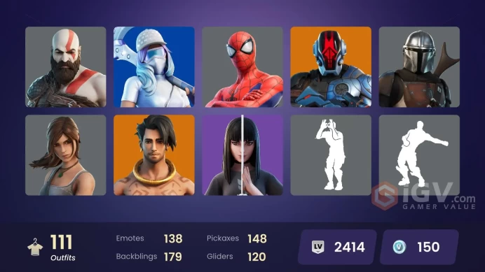 111 skins/full access/armored kratos(gold)/leviathan axe/rare sprays/master chief/lara croft gold/mimir/emotes