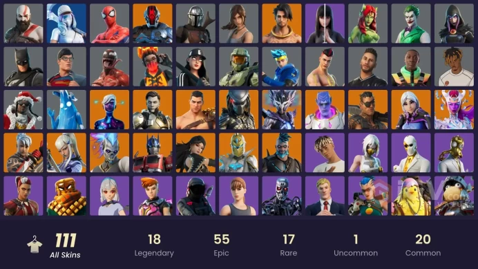 111 skins/full access/armored kratos(gold)/leviathan axe/rare sprays/master chief/lara croft gold/mimir/emotes