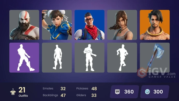 21 skins/full access/armored kratos gold/leviathan axe/aloy/in da party/it's dinamite/heart rizon/the crane kick/the look
