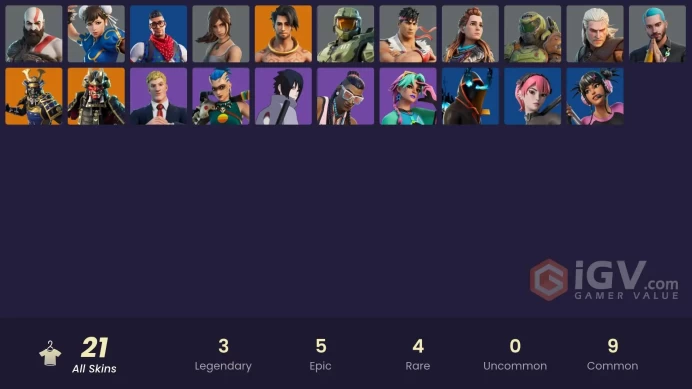 21 skins/full access/armored kratos gold/leviathan axe/aloy/in da party/it's dinamite/heart rizon/the crane kick/the look