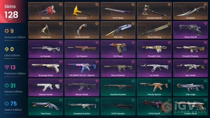 EU / 128 LUX SKINS (Ego Vandal+Reaver Vandal+Reaver Sheriff+Recon Phantom) + 9 KNIVES (Prism III Axe+Recon Balisong) / MAIL (FULL ACCESS)
