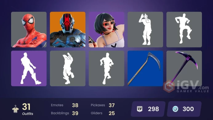 | PC/XBOX | 31 SKINS | The Foundation | Snap | Ronin | Galaxy Grappler | Gumbo | Rogue | Polar Peely | Satoru Gojo | Evie | 300 VBUCKS | Fg2TZ |