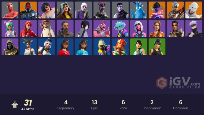 | PC/XBOX | 31 SKINS | The Foundation | Snap | Ronin | Galaxy Grappler | Gumbo | Rogue | Polar Peely | Satoru Gojo | Evie | 300 VBUCKS | Fg2TZ |