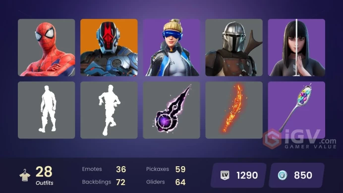 | PC/XBOX | 28 SKINS | Mandalorian | Ronin | The Foundation | Predator | Torin | Haven | Charlotte | Spider-Man | Harlowe | 850 VBUCKS | FgmLk |