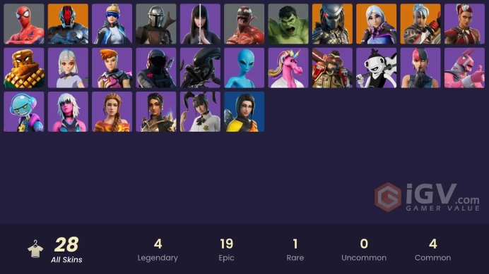 | PC/XBOX | 28 SKINS | Mandalorian | Ronin | The Foundation | Predator | Torin | Haven | Charlotte | Spider-Man | Harlowe | 850 VBUCKS | FgmLk |