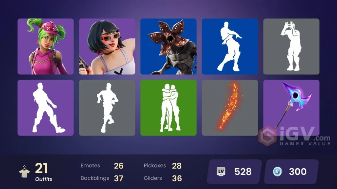 | PC | 21 SKINS | The Imagined | Snap | Carbide | Oblivion | The Origin | Zoey | Battlehawk | Tsuki 2.0 | Erisa | Evie | 300 VBUCKS | FgrvB |