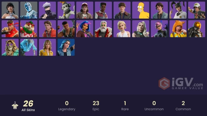 | PC/PSN/XBOX | 26 SKINS | Carina | Carter Wu | Cat Holloway | Miles Cross | Kingston | Marty McFly | The Bride | Cheeks | 100 VBUCKS | FgxQ3 |