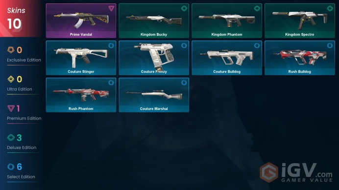 | AP | 10 SKINS | VALUE: 3525 VP | Prime Vandal | Kingdom Spectre | RANKED READY | 12 LEVEL | INSTANT DELIVERY | FULL ACCESS | Felc7 |