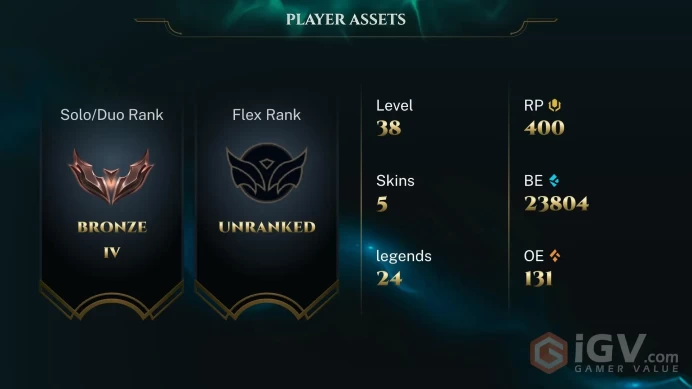 EUW / BRONZE 4 - 24 Champ - 5 Perfect Skins(2 Legendary) - 23.8K BE - 400RP - FULL ACCES - LIFETIME WARRANTY - SAFETY - CHEAP