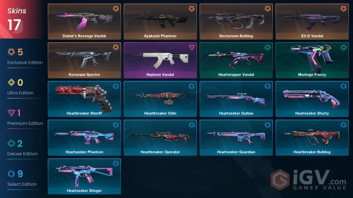 [EU] 17 SKINS | Immortal 1 Last Rank | ~ 13,250 VP Inventory value | Kuronami Spectre | Ayakashi Phantom | EX.O Vandal | Dolmir's Revenge Vandal