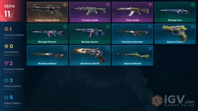 EU 11 skins | Prelude to Chaos Sheriff | Prime Vandal | Forsaken Vandal | Montage Spectre | Montage Ares | Montage Phantom | V0223