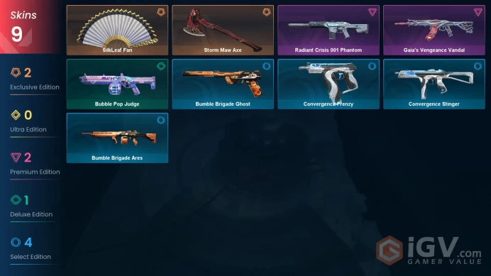 EU 9 skins | Storm Maw Axe | Gaia's Vengeance Vandal | Radiant Crisis 001 Phantom | SilkLeaf Fan | Bubble Pop Judge | Convergence Frenzy | V0455