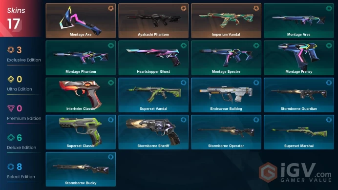 EU 17 skins | Ayakashi Phantom | Imperium Vandal | Montage Axe | Montage Phantom | Montage Spectre | Montage Ares | Montage Frenzy | V0507