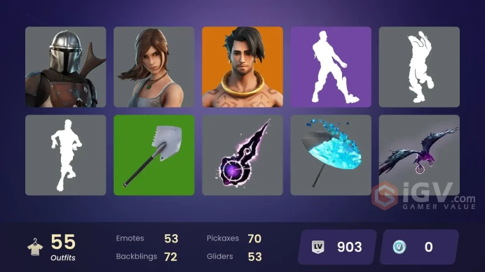 | PC/PSN/XBOX | 55 SKINS | Predator | Raz | Mandalorian | Alli | Void Walker Lynx | Battle Gamer Mae | Rebirth Raven | Mave | 0 VBUCKS | FhyCx |