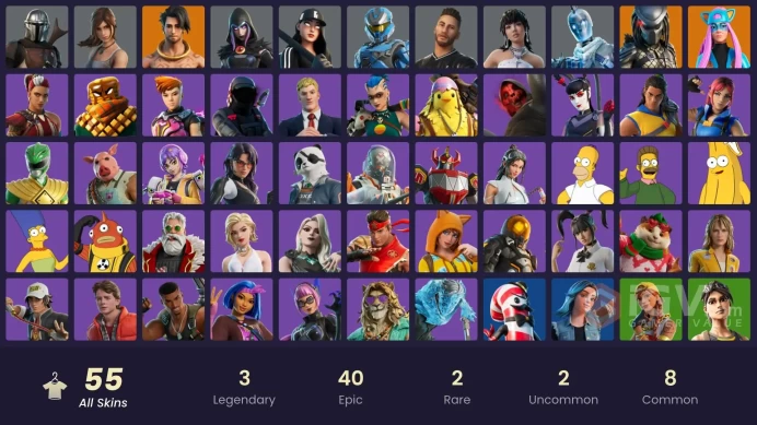 | PC/PSN/XBOX | 55 SKINS | Predator | Raz | Mandalorian | Alli | Void Walker Lynx | Battle Gamer Mae | Rebirth Raven | Mave | 0 VBUCKS | FhyCx |