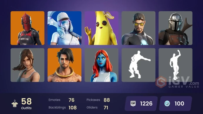 | PC/XBOX | 58 SKINS | Hybrid | Menace | Mandalorian | Joey | Kymera | Raz | Ruin | Blackheart | Mecha Cuddle Master | 100 VBUCKS | Fhq1h |