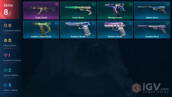 EU 8 skins | Origin Vandal | Comet Ghost | Montage Frenzy | Soulburst Bandit | Digihex Ghost | Coalition: Cobra Frenzy | Vendetta Ghost | V0520