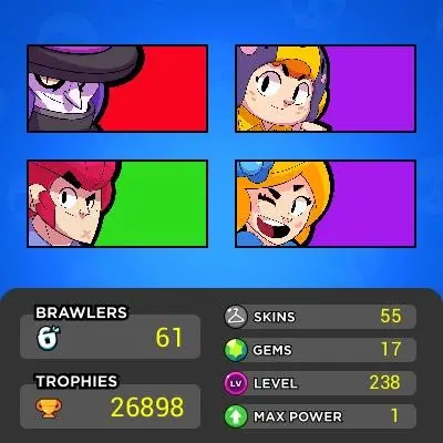 52K POTIN | 61/97 Brawlers | 26K TROPHY | 55 Skins | 6 MAX  | LIFETIME WARRANTY - B 120