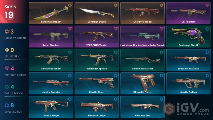 EU | 19 skins | Ascendant 3 | Level 105 | VP Value: 13825 | Sovereign Sword | Overdrive Vandal | Sandswept Dagger| Buddies 90 | Full Details Bel