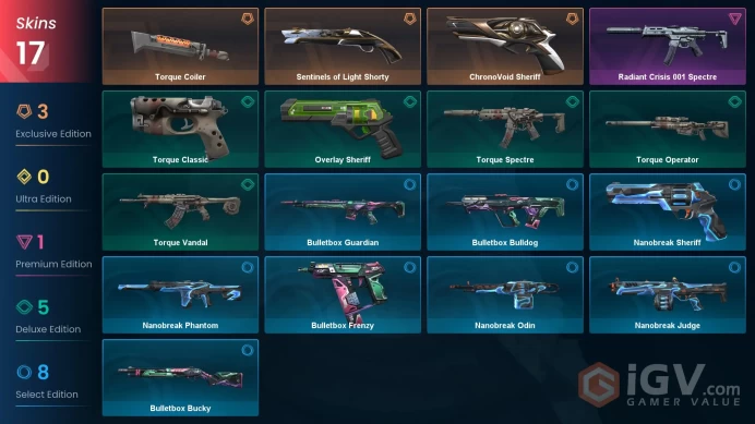 EU | 17 Skins | 1 Knife | Gold | Level 59 | VP Value 7125 | ChronoVoid Sheriff | Sentinels of Light Shorty | 1 Battlepass Completed | Full Detai