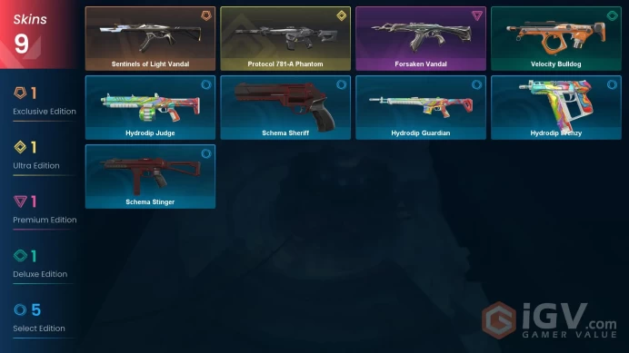 EU | 9 Skins | Silver | Level 24 | VP Value 7425 | Protocol 781-A Phantom | Sentinels of Light Vandal | Forsaken Vandal | Full Access | Full Det
