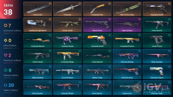 EU | 9 Skins | Platinum 2 | Level 51 | Buddies 90 | Agent 11 | RGX 11z Pro Firefly | Prosperity | Araxys Vandal |Instant Delivery | Full Detail