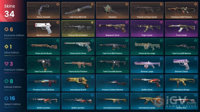 EU | 34 Skins | Gold | Level 61 | Spectrum Classic | Champions 2022 Phantom | Reaver Karambit | 2 Battlepasses Purchase | Instant Delivery 