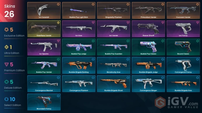 EU | 26 Skins | 2 Knifes | Immortal | Level 59 | VP Value 24425 | Ion Bundle | Elderflame Vandal | Kuronami Vandal | Singularity Phantom