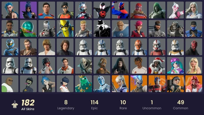 PC/PSN/Xbox/Nintendo 182 skins | Arcane Jinx | Arcane Vi | Optimus Prime | Valeria | Era | Mizuki | Zeus | Peter Griffin | Renzo the Destroyer |