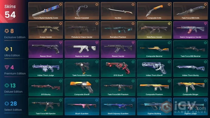 EU| 54 Skins | 5 Knives | Level 89| Reaver Karambit |Elderflame Vandal| Yoru's Stylish Butterfly Comb | 2 Battlepasses Purchase | Full Details B