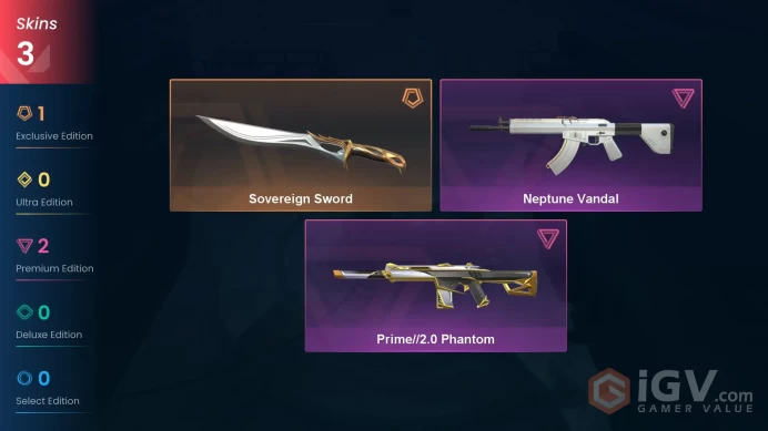 NA | 3 skins | Gold 2 | Level 23 | VP Value: 7100 | Sovereign Sword | Neptune Vandal | Prime//2.0 Phantom | Card 15 | Full Details Below