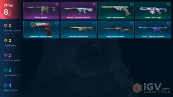 EU 8 skins | Radiant Crisis 001 Phantom | Recon Spectre | Iridian Thorn Judge | Piedra del Sol Ghost | Rune Stone Marshal | V0508