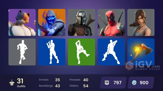 | PC/PSN | 31 SKINS | Mandalorian | Fade | Deadpool | Gear Specialist Maya | Sorana | Fusion | Groot | TNTina | Jules | 900 VBUCKS | Fi6cb |