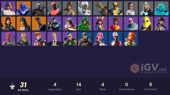| PC/PSN | 31 SKINS | Mandalorian | Fade | Deadpool | Gear Specialist Maya | Sorana | Fusion | Groot | TNTina | Jules | 900 VBUCKS | Fi6cb |