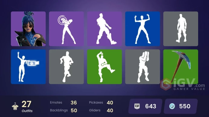 | PC/PSN | 27 SKINS | Spectra Knight | Kado Thorne | Omegarok | Peter Griffin | Paradigm (Reality-659) | Khaby Lame | Mae | 550 VBUCKS | FeNxI |