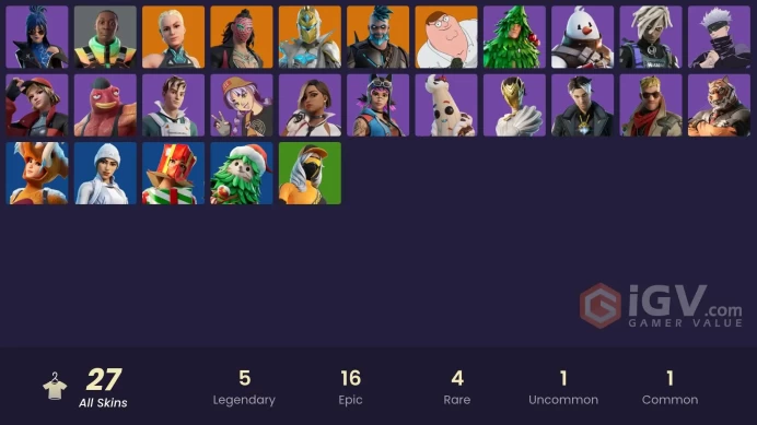 | PC/PSN | 27 SKINS | Spectra Knight | Kado Thorne | Omegarok | Peter Griffin | Paradigm (Reality-659) | Khaby Lame | Mae | 550 VBUCKS | FeNxI |