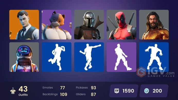 | PC/XBOX | 43 SKINS | Midas | Mandalorian | Fade | Eternal Knight | Deadpool | Gear Specialist Maya | Double Agent Hush | 200 VBUCKS | Fj4gU |