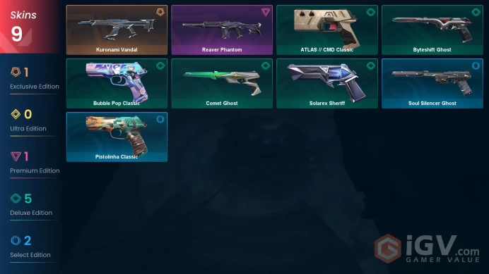 EU 9 skins | Kuronami Vandal | Reaver Phantom | Byteshift Ghost | Comet Ghost | Bubble Pop Classic | Solarex Sheriff | V0438