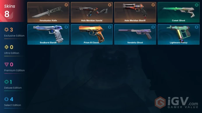 EU 6 skins | Xenohunter Knife | Comet Ghost | Soulburst Bandit | Prism III Classic | Vendetta Ghost | Lightwave Frenzy | V0521