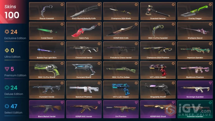 [NA] 100SKINS |11KNIVES | Guardrail Hammer Overlay Dagger Reaver Karambit RGX 11z Pro Karambit Shellspire Sword XEROFANG