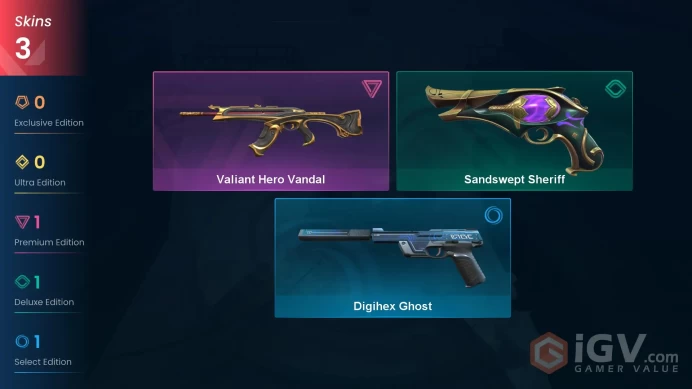 | AP | 3 SKINS | VALUE: 1775 VP | Valiant Hero Vandal | Sandswept Sheriff | RANKED READY | 105 LEVEL | INSTANT DELIVERY | FULL ACCESS | Fi5ia |