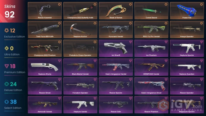 EU-Turkey 92 Skins  > Kuronami Vandal Champions 2022 Bundle Reaver Karambit Power Fist Ion Phantom Aemondir Vandal Neptune Vandal 999999