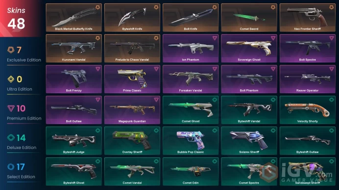 EU / 48 skins / Bolt Knife / Black.Market Butterfly Knife / Prelude to Chaos Vandal / Kuronami Vandal / V36