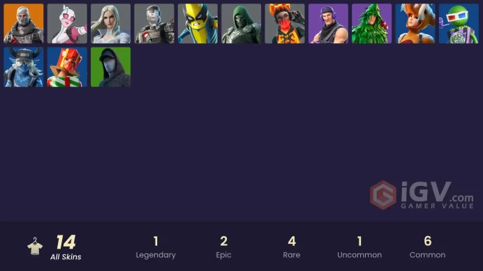 14 skins | Havoc | Sub Commander | War Machine | Emma Frost | Peelverine | Doom | Gwenpool | Tectonic Komplex | Lt. Evergreen | Holiday Boxy