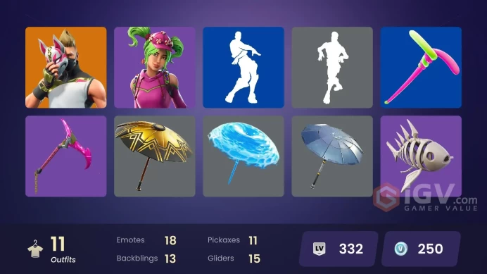 11 skins | Drift | Calamity | Carbide | Wingman | Huntress | DJ Yonder | Lt. Evergreen | Zoey | Battlehawk | Teknique | Wooly Warrior