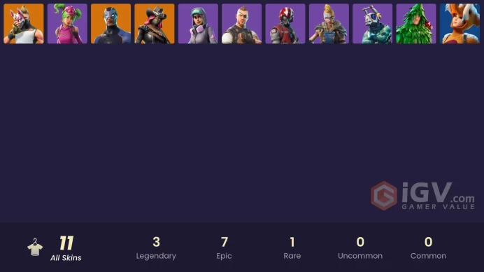 11 skins | Drift | Calamity | Carbide | Wingman | Huntress | DJ Yonder | Lt. Evergreen | Zoey | Battlehawk | Teknique | Wooly Warrior
