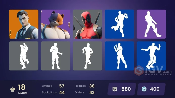18 skins | Gold Midas | Gold Brutus | Son Goku | Gear Specialist Maya | Imperial Stormtrooper | Deadpool | Silver Surfer | Green Goblin | Thor