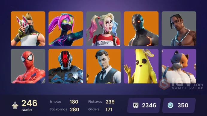 246 skins | Travis Scott | Naruto Uzumaki | Omega | Snowflake | Gold Meowscles | Gold Midas | Gold Brutus | Point Patroller | Spire Assassin